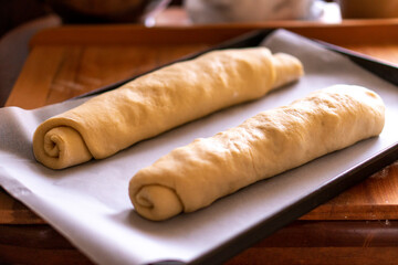 the process of making homemade pastries, dough, pie, stollen with different candied fruits. Stollen photo recipe. Step by step cooking process.