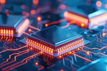 A close-up of a circuit board featuring glowing microchips and intricate pathways, showcasing advanced technology and vibrant colors.