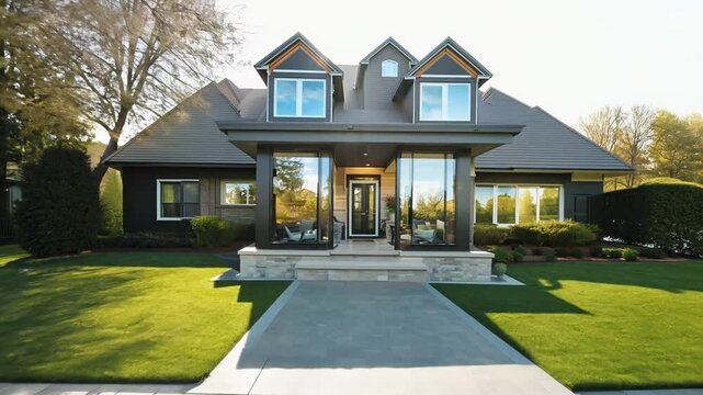 Camera dolly in video reveals a split-level house with large windows, landscaping, and a welcoming front porch with modern furniture, bathed in natural daylight