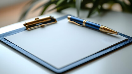 Fototapeta premium Blank clipboard with pen on a table.