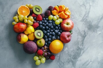 Healthy heart shape made of colorful fruits.