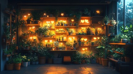 Obraz premium Cozy indoor plant shop with heart lights.
