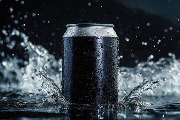 Aluminum blank, black 330 ml soda can mockup with splashes. Dark background, mock-up of an empty aerated drink tin with ripples splashing underwater. sparkling, clear pop
