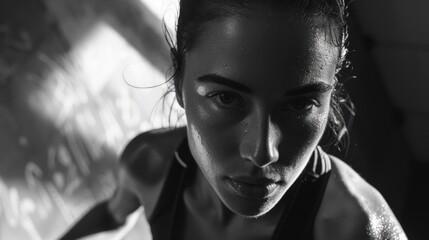 Female athletic person after a workout with sweat on forehead, looking focused, suggesting dedication and endurance.