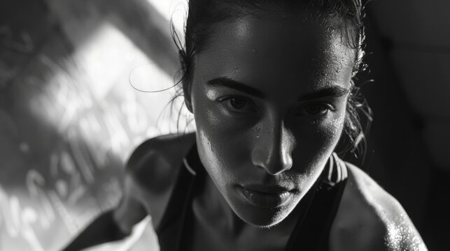 Female athletic person after a workout with sweat on forehead, looking focused, suggesting dedication and endurance.