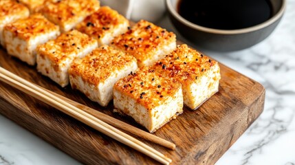 Air fryer tofu cubes arranged neatly on a wooden board with chopsticks and a side of soy dipping sauce