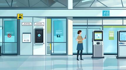 A person standing at an automated sanitizer station in a modern building, with warning posters and informational banners about virus safety protocols on the walls 