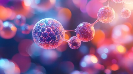 A conceptual image of synthetic food cells being assembled by nanotechnology, with a vibrant and abstract representation of molecular structures in the background