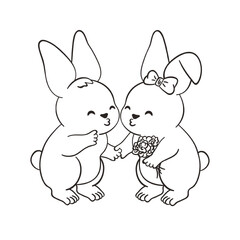 Valentine's day cartoon illustration with two hand drawn cute chubby bunnies kissing each other. One bunny, wearing a big bow, holds a bouquet of flowers. Kawaii doodle art with two adorable rabbits