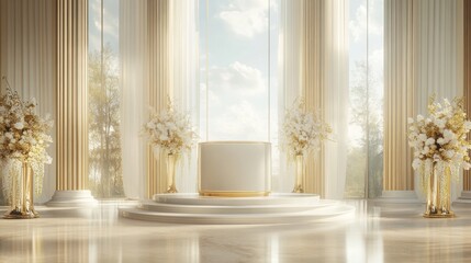 Elegant white pedestal display in a grand hall with large windows and floral arrangements.