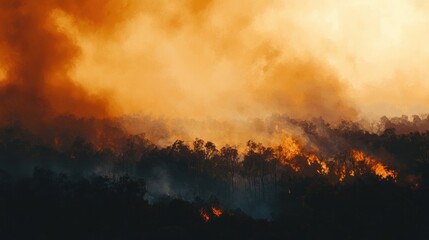 Fiery wildfire consuming forest, thick smoke billowing into orange sky.