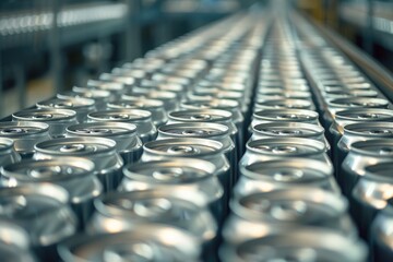 Empty aluminum cans for drinks move on conveyor at large factory. Shallow depth of field.