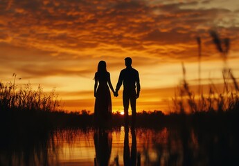 Silhouette Couple Holding Hands at Sunset by Water