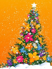 Vibrant and Artistic Christmas Tree Illustration with Colorful Flowers and Snow Flakes Set Against a Bright Orange Background for Festive Decor