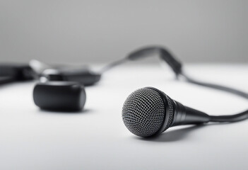 Black microphone is lying diagonally on a white background