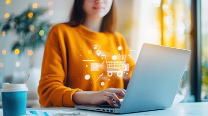A woman in an orange sweater uses a laptop, with digital shopping icons displayed, suggesting online shopping or e-commerce activity.
