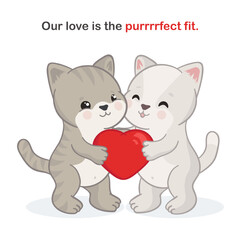 Cute cartoon card for Valentine's day with two puffy hand drawn kittens holding a big hear together. Minimalist poster with doodle romantic illustration with adorable little cats who love each other.
