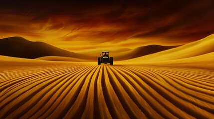 Tractor in a desert field at sunset.