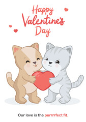 Happy Valentine's Day greeting card with two hand-drawn adorable cartoon cats, one beige and one gray, hold a big red heart while smiling lovingly, surrounded by small red hearts on white background.