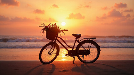 Bicicleta con flores al atardecer en la playa