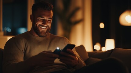 Fototapeta premium Man relaxing on a couch at night while using a smartphone and enjoying soft ambient lighting