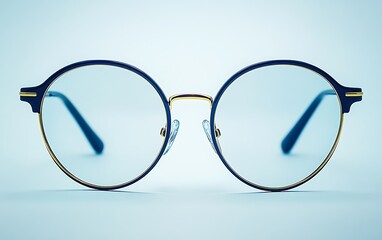 Fototapeta premium Round eyeglasses with blue tint lenses and gold accents on a light blue background.