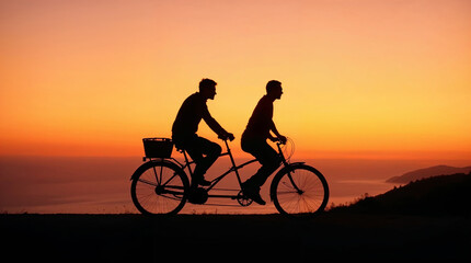Fototapeta premium Dos ciclistas en bicicleta tándem al atardecer