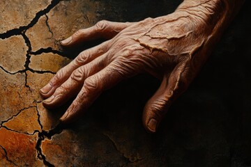 An aged hand rests on cracked earth, depicting fragility and the passage of time.
