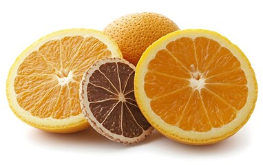 Fototapeta premium Two fresh orange halves and one dried orange slice isolated on white background.