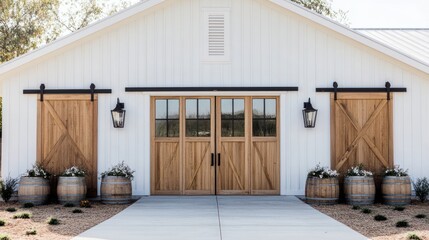 White barn with large wooden doors, planters, and landscaping.
