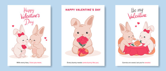 Valentine's day hand-drawn cute cards set: chubby bunnies kissing; kawaii rabbits sitting together at table and feeding each other; bunny sitting with a heart-shaped gift box and a bouquet of flowers.