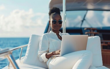 Black woman working on laptop on a yacht. Workation concept, professional digital nomad, flexible travel productivity, adventure, location independent, remote mobile office, exploring balance, getaway