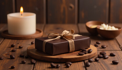 Chocolate gift box with ribbon and coffee beans on rustic table