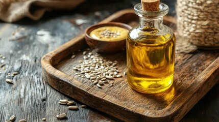 A bottle of sunflower oil on a wooden tray with seeds and a small bowl of dip