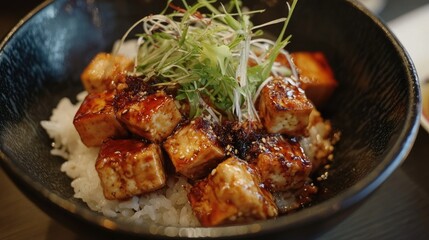 A bowl of crispy tofu pieces tossed in a light teriyaki glaze, served alongside steamed rice