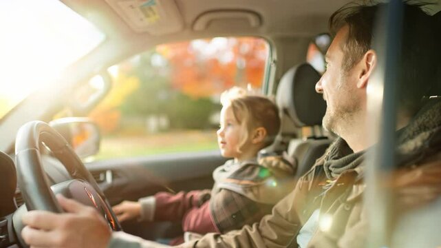 Father driving a car and takes child to school - Transportation and family love concept - Model by AI generative