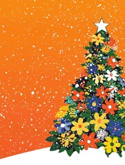 Vibrant Christmas Tree Decoration with Colorful Floral Elements Against a Bright Orange Background with Glittering Snowflakes for Festive Celebrations