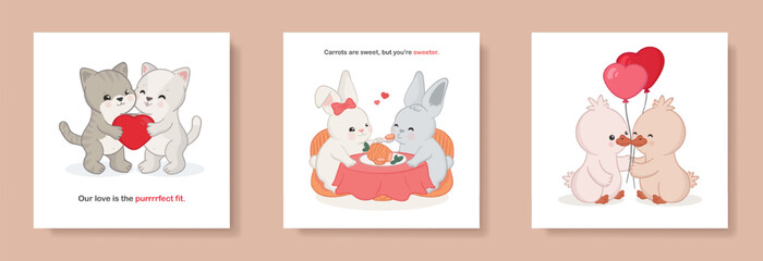 Happy Valentine's Day cards, posters set with cute hand drawn cats holding a big heart, two kawaii bunnies eating a carrot together and adorable ducks holding heart-shaped balloon. Romantic doodle art