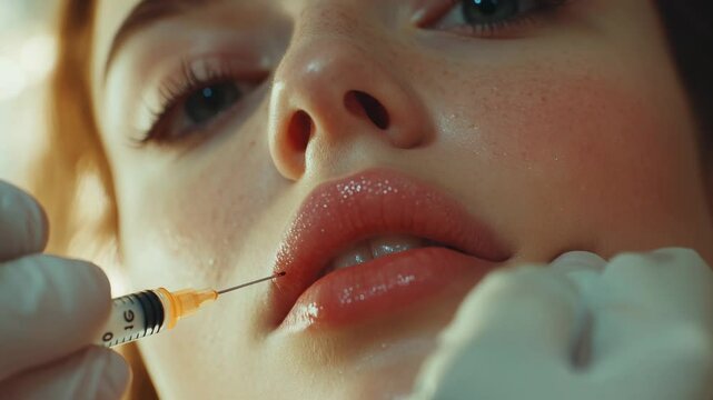 Close up of woman receiving botox lips beauty injection between eyebrows - Cosmetic, facial treatment and new trend concept - Models by AI generative