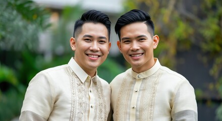Traditional filipino attire portrait of young asian men smiling outdoors