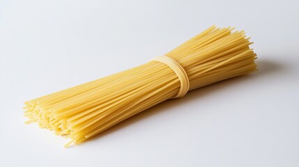Pasta (Spaghetti): A bundle of uncooked spaghetti noodles, long and thin, isolated on a clean white background. 