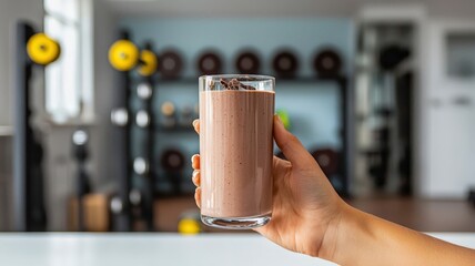 A hand holds a glass of chocolate protein shake for muscle building in a bright, modern gym setting, featuring weights in the background.