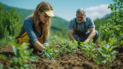 Young Woman and Elderly Man Working Together in Garden Landscape