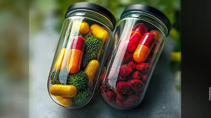 Two Open Pills Filled With Different Fruits, Vegetables, And Nuts On A White Background, Representing The Concept Of Healthy Eating