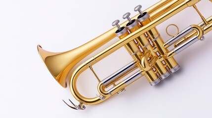 Obraz premium A close-up view of a shiny brass trumpet showcasing its valves and bell against a white background.