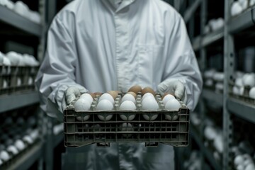 Obraz premium Veterinarian holding crate of eggs in factory