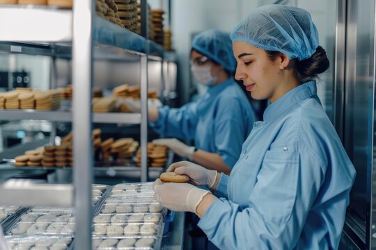 Two hard working food plant employees in sterile uniforms packing cookies in boxes.