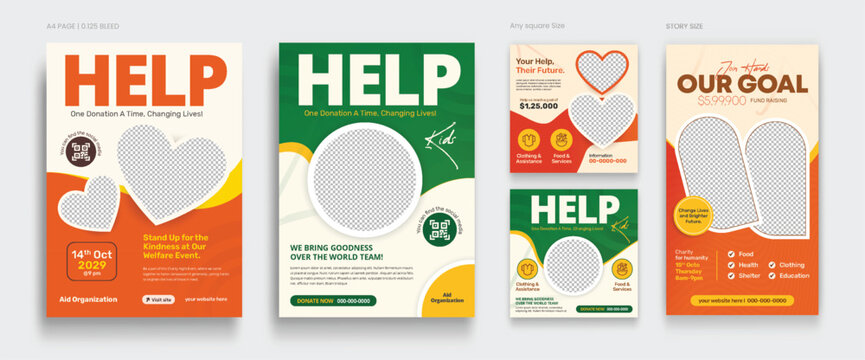 Social activity and charity flyer, social media and story set