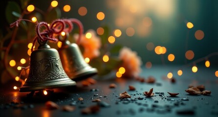 Bells (Easter) – Shiny silver or gold bells symbolizing celebration and church traditions, with a soft glow against a festive background of golden fireflies and warm party lights.