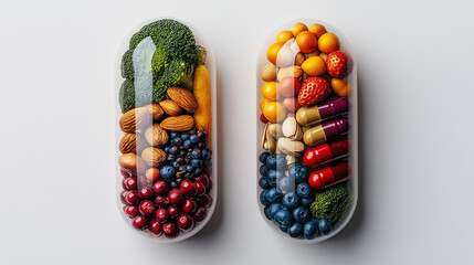 Two Open Pills Filled With Different Fruits, Vegetables, And Nuts On A White Background, Representing The Concept Of Healthy Eating